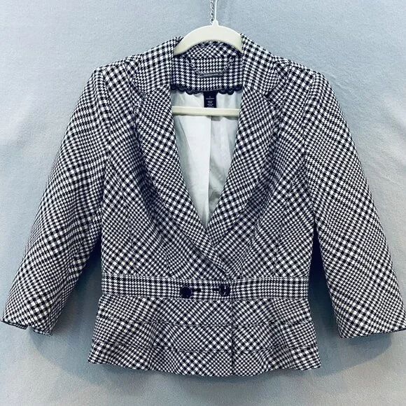 WHBM Black White Houndstooth Fitted Peplum Blazer SZ 6 Classic Feminine - Picture 1 of 12